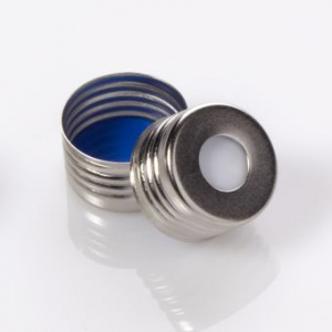 ChraPart # G20163-C41156,  18mm Open Top Magnetic with 0.060&quot;, Dark Blue PTFE/Silicone Septa Screw Cap, 100/pk,