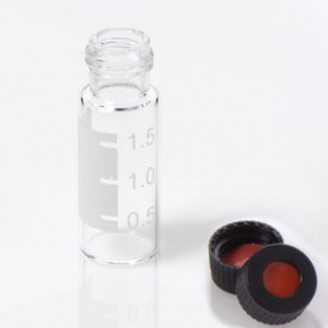 ChraPart # G20163-C13962, Vial Kit: 2mL Clear Glass Vial with Graduated Marking Spot, 9-425 Black Polypropylene Screw Cap with 0.040&quot;, Bonded PTFE/Red Rubber Septa, 100/pk,