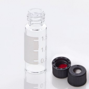 ChraPart # G20163-C13571, Vial Kit: 2mL Clear Glass Vial with Graduated Marking Spot, 8-425 Black Polypropylene Screw Cap with 0.060&quot;, Pre-Slit PTFE/Silicone Septa, 100/pk,