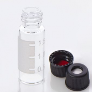 ChraPart # G20163-C13569, Vial Kit: 2mL Clear Glass Vial with Graduated Marking Spot, 8-425 Black Polypropylene Screw Cap with 0.060&quot;, PTFE/Silicone Septa, 100/pk,