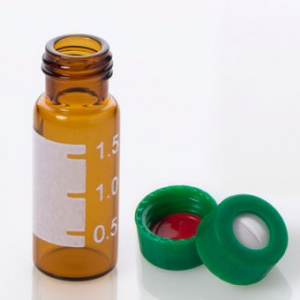 ChraPart # G20163-C12311, Vial Kit: 2mL Amber Glass Vial with Graduated Marking Spot, 9-425 Green Polypropylene Screw Cap with 0.040&quot;, Bonded Pre-Slit PTFE/Silicone Septa, 100/pk,