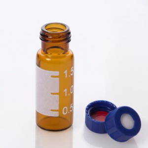 ChraPart # G20163-C12314, Vial Kit: 2mL Amber Glass Vial with Graduated Marking Spot, 9-425 Blue Polypropylene Screw Cap with 0.040&quot;, Bonded PTFE/Silicone Septa, 100/pk,