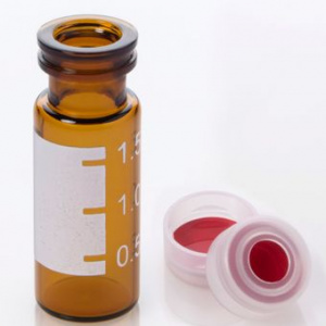 ChraPart # G20163-C41967, Vial Kit: 2mL Amber Glass Vial with Graduated Marking Spot, 11mm Clear Polyethylene Snap Cap with 0.040&quot;, PTFE/Silicone/PTFE Septa, 100/pk,