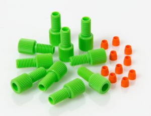 ChraPart # G20163-C11298,  Fitting 1/4-28 Green Delrin Male Nut/Orange ETFE Ferrule for 3mm OD Tubing, 10/pk,