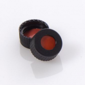 ChraPart # G20163-C12146,  Cap Screw 9-425 Open Top Black Polypropylene with 0.040&quot;, Bonded PTFE/Red Rubber Septa, 100/pk,