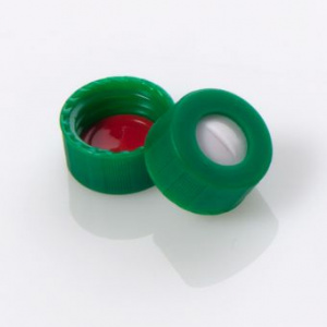 ChraPart # G20163-C11093,  9-425 Open Top Green Polypropylene with 0.040&quot;, Bonded Pre-Slit PTFE/Silicone Septa Screw Cap, 100/pk,