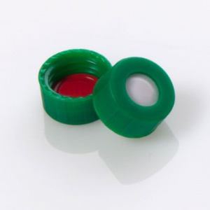 ChraPart # G20163-C12156,  9-425 Open Top Green Polypropylene with 0.040&quot;, Bonded PTFE/Silicone Septa Screw Cap, 100/pk,