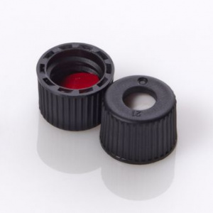 ChraPart # G20163-C11099,  8-425 Open Top Black Polypropylene with 0.060&quot;, Pre-Slit PTFE/Silicone Septa Screw Cap, 100/pk,