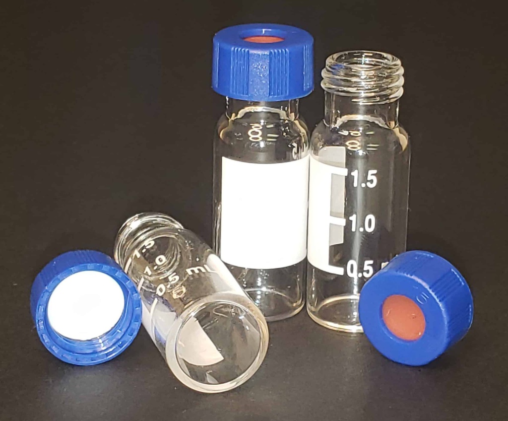 ChraPart # G20163-C13552, Vial Kit: 2mL Clear Glass Vial with Graduated Marking Spot, 9-425 Blue Polypropylene Screw Cap with 0.040&quot;, Bonded PTFE/Silicone Septa, 100/pk,